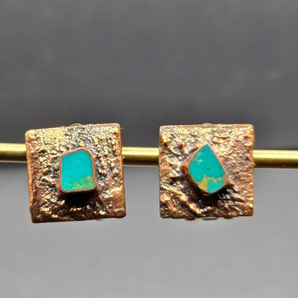 VTG Bell Trading Post Copper Clip-On Earrings Turquoise Brutalist Square - Picture 13 of 13